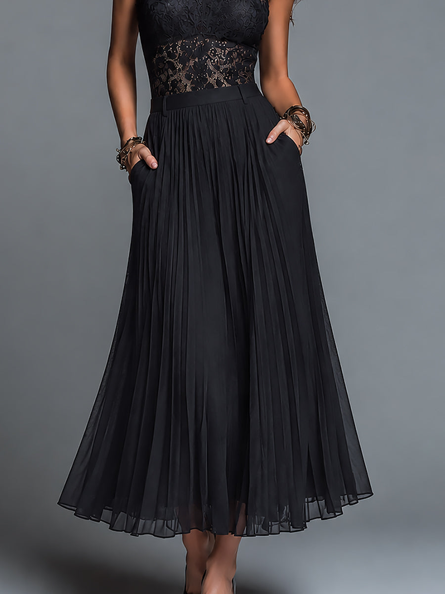 SIENA | Conjunto de Blusa Retro de Encaje con Corte en el Cuello y Falda Plisada de Gasa