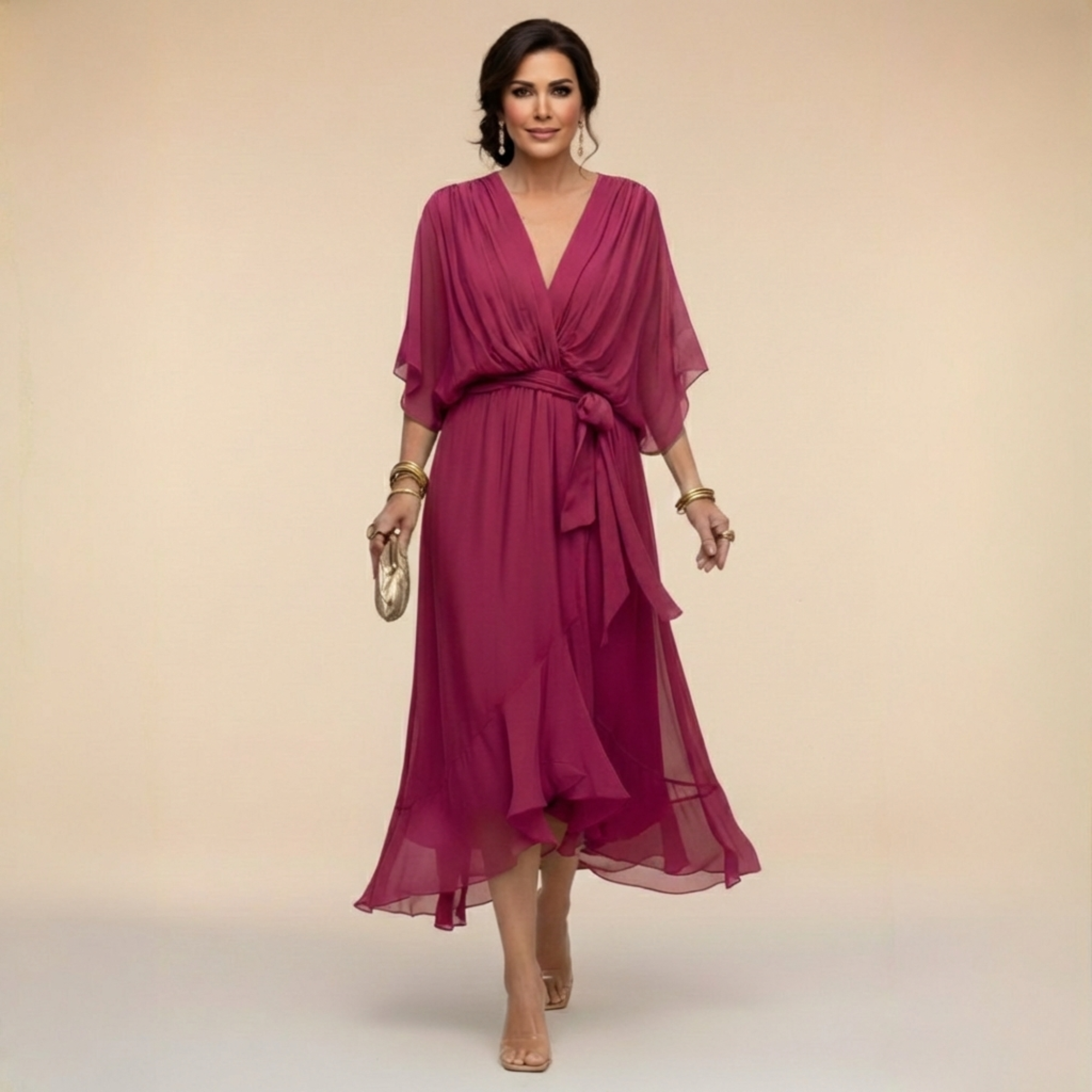 CELANOVIA™ VESTIDO ELEGANTE DE CHIFFON CON ESCOTE EN V