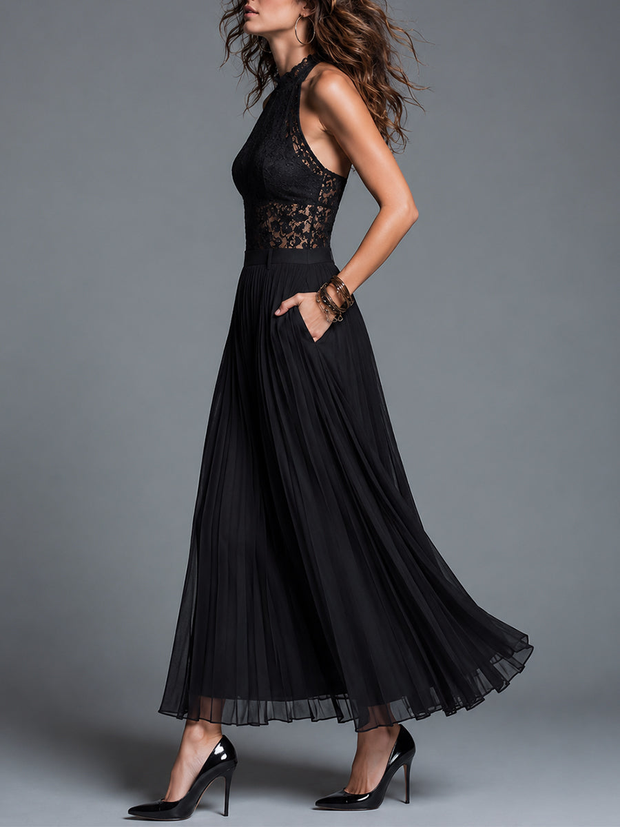 SIENA | Conjunto de Blusa Retro de Encaje con Corte en el Cuello y Falda Plisada de Gasa