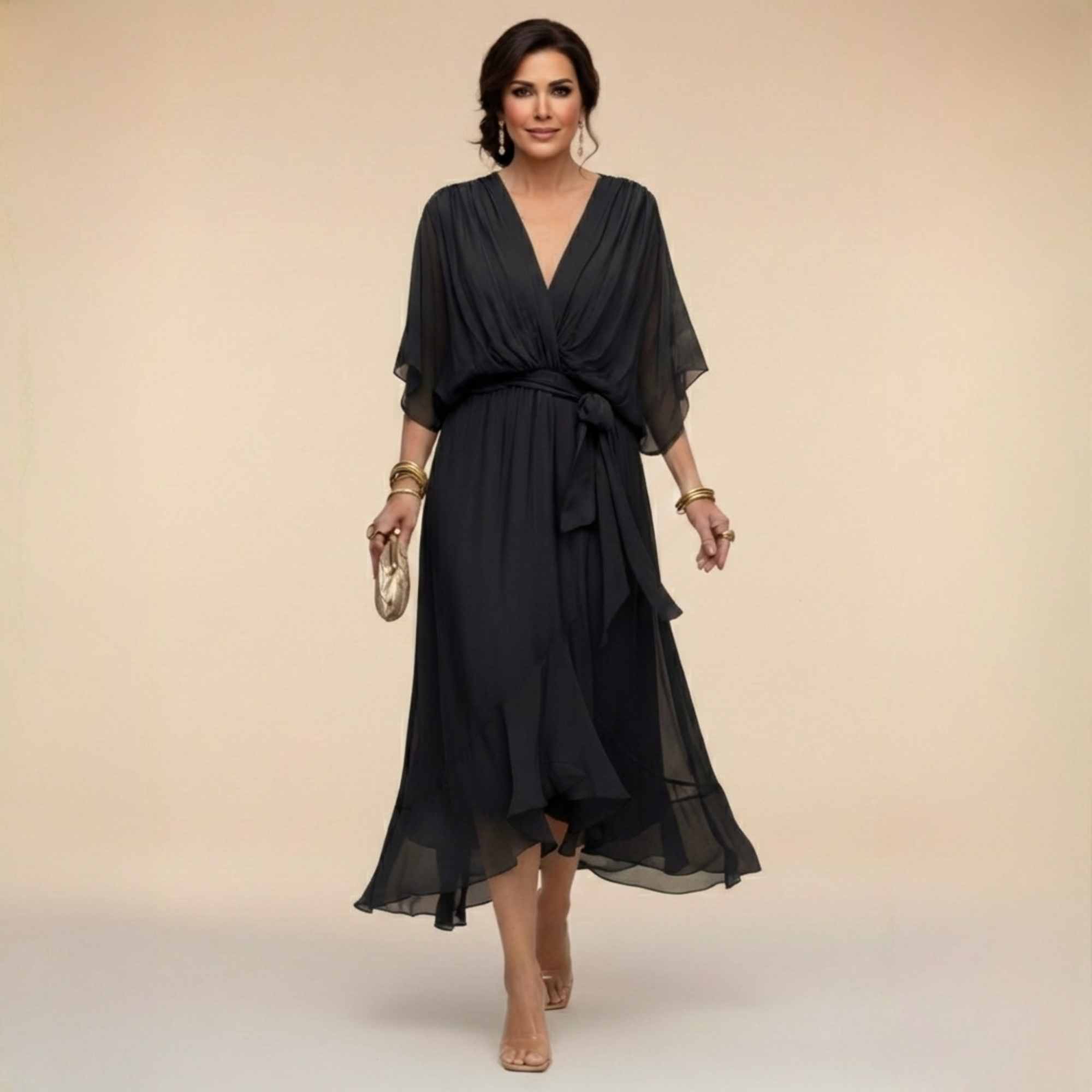 CELANOVIA™ VESTIDO ELEGANTE DE CHIFFON CON ESCOTE EN V