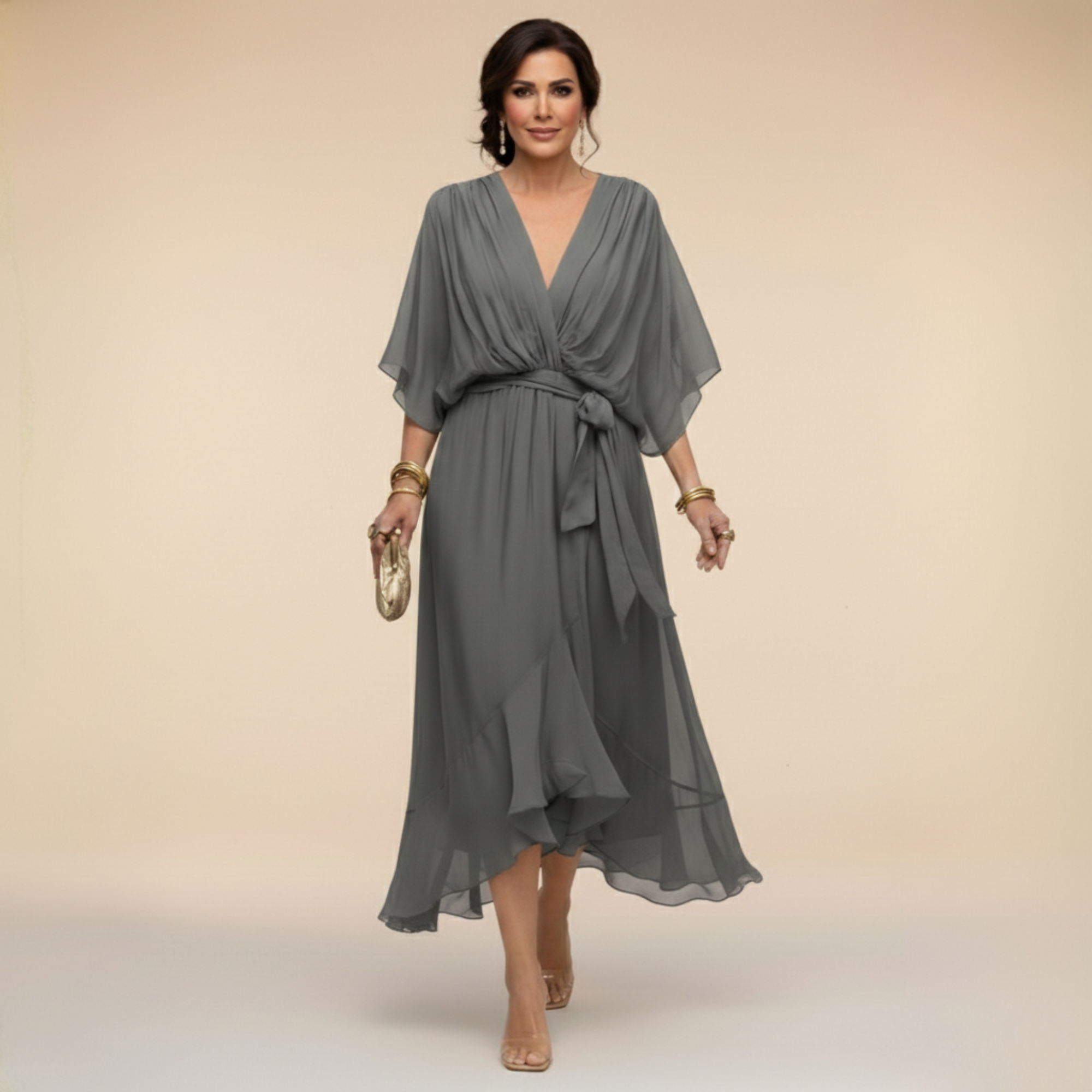 CELANOVIA™ VESTIDO ELEGANTE DE CHIFFON CON ESCOTE EN V