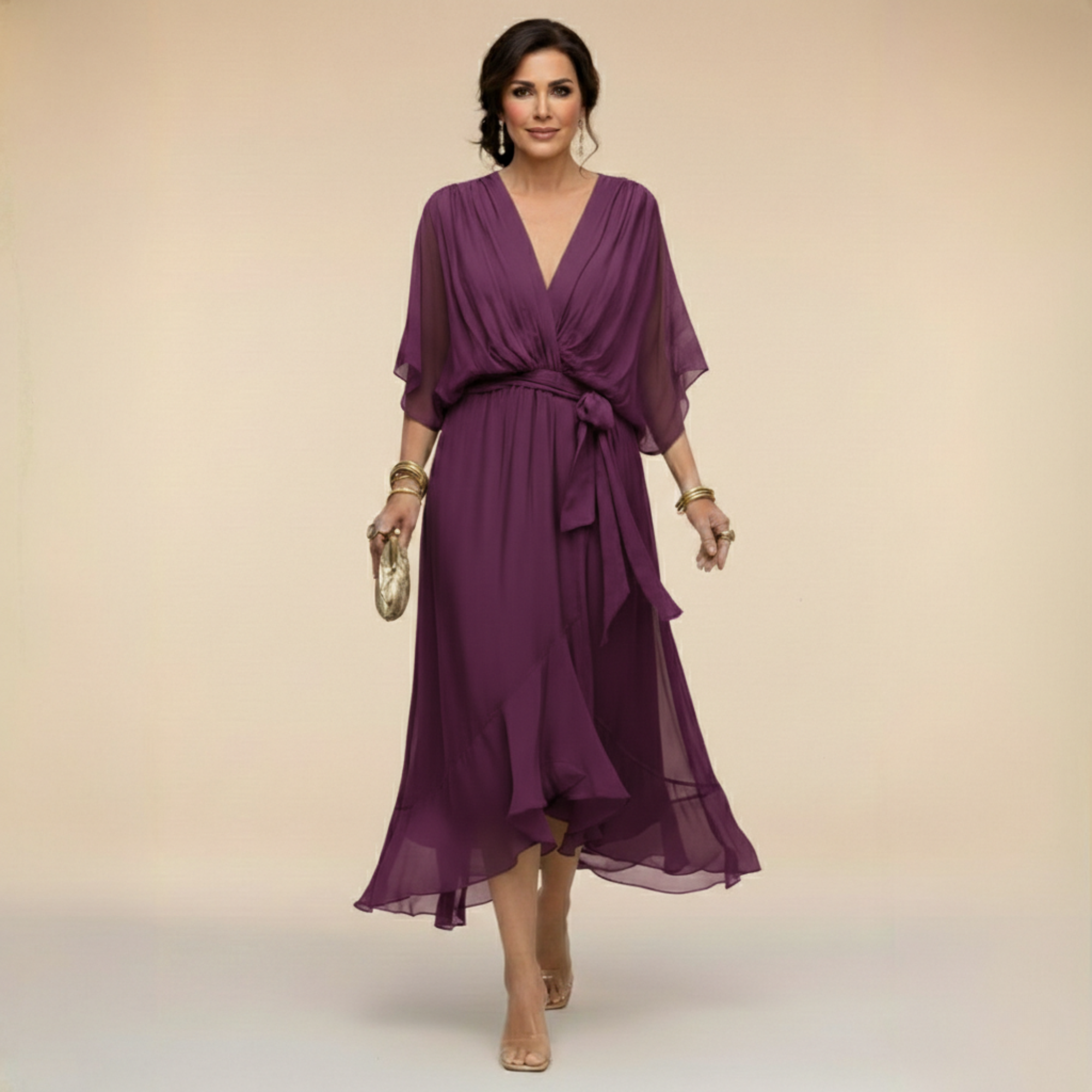 CELANOVIA™ VESTIDO ELEGANTE DE CHIFFON CON ESCOTE EN V