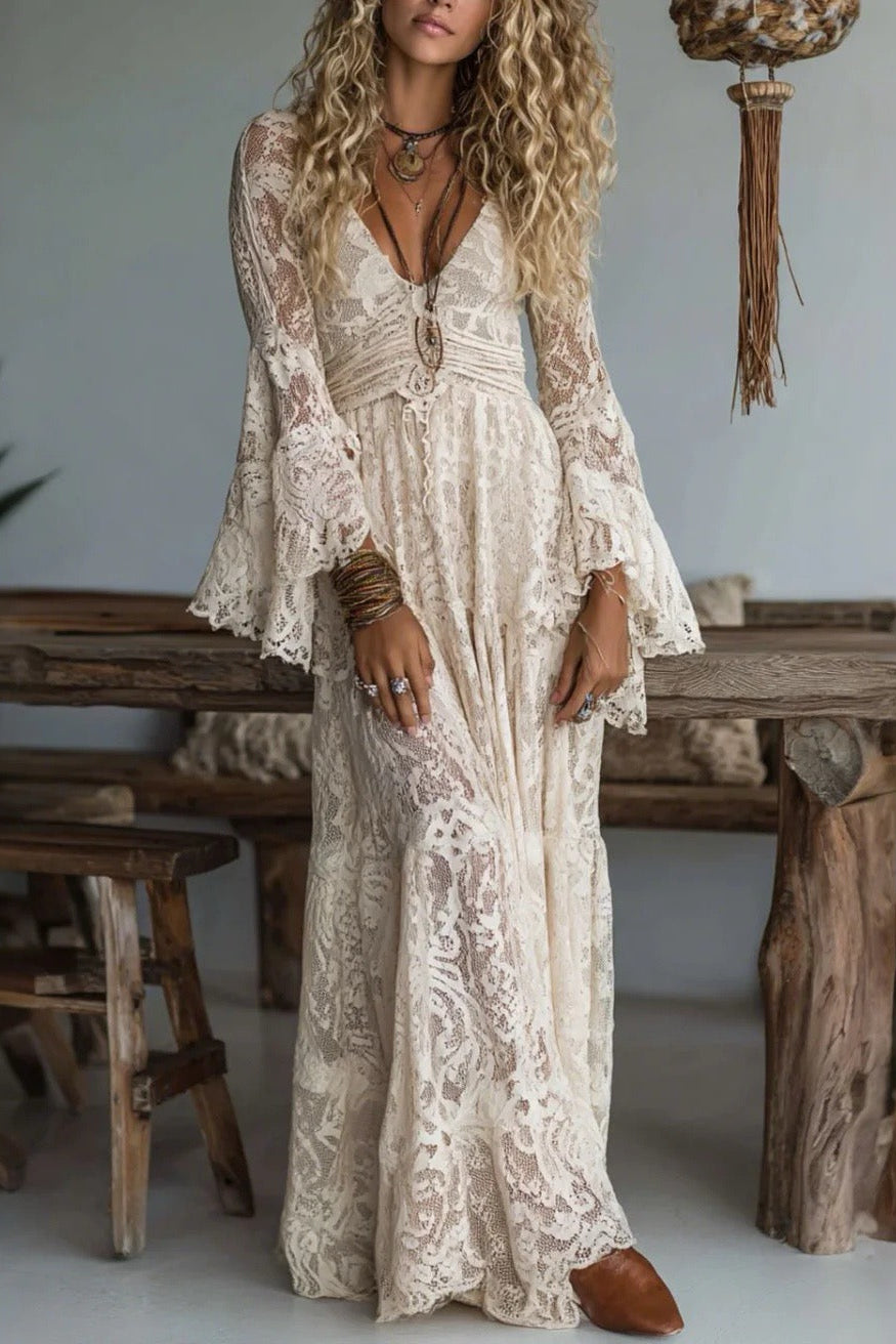 ELENA | Vestido Largo de Encaje con Escote en V