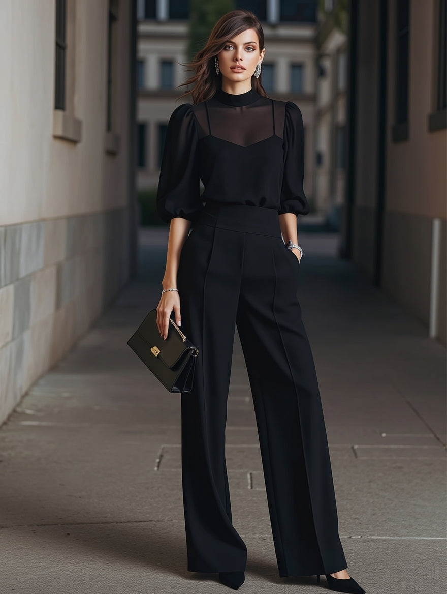 PARIS | Conjunto Negro Elegante con Mangas Abullonadas y Diseño de Pierna Ancha.