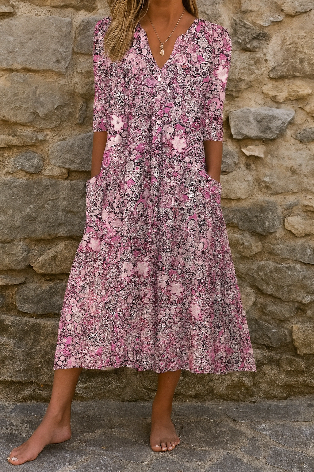 ELISA™  | VESTIDO ESTAMPADO CON CUELLO EN V