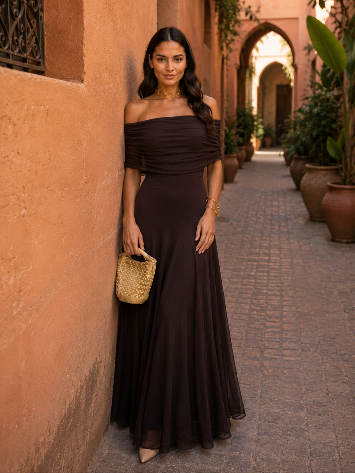 MARTINA | Vestido Largo de Escote Bardot Drapeado