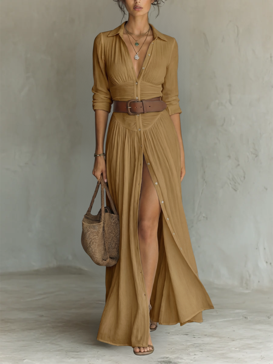 VESTIDO LARGO CON CUELLO DE SOLAPA Y MANGAS LARGAS DE LINO