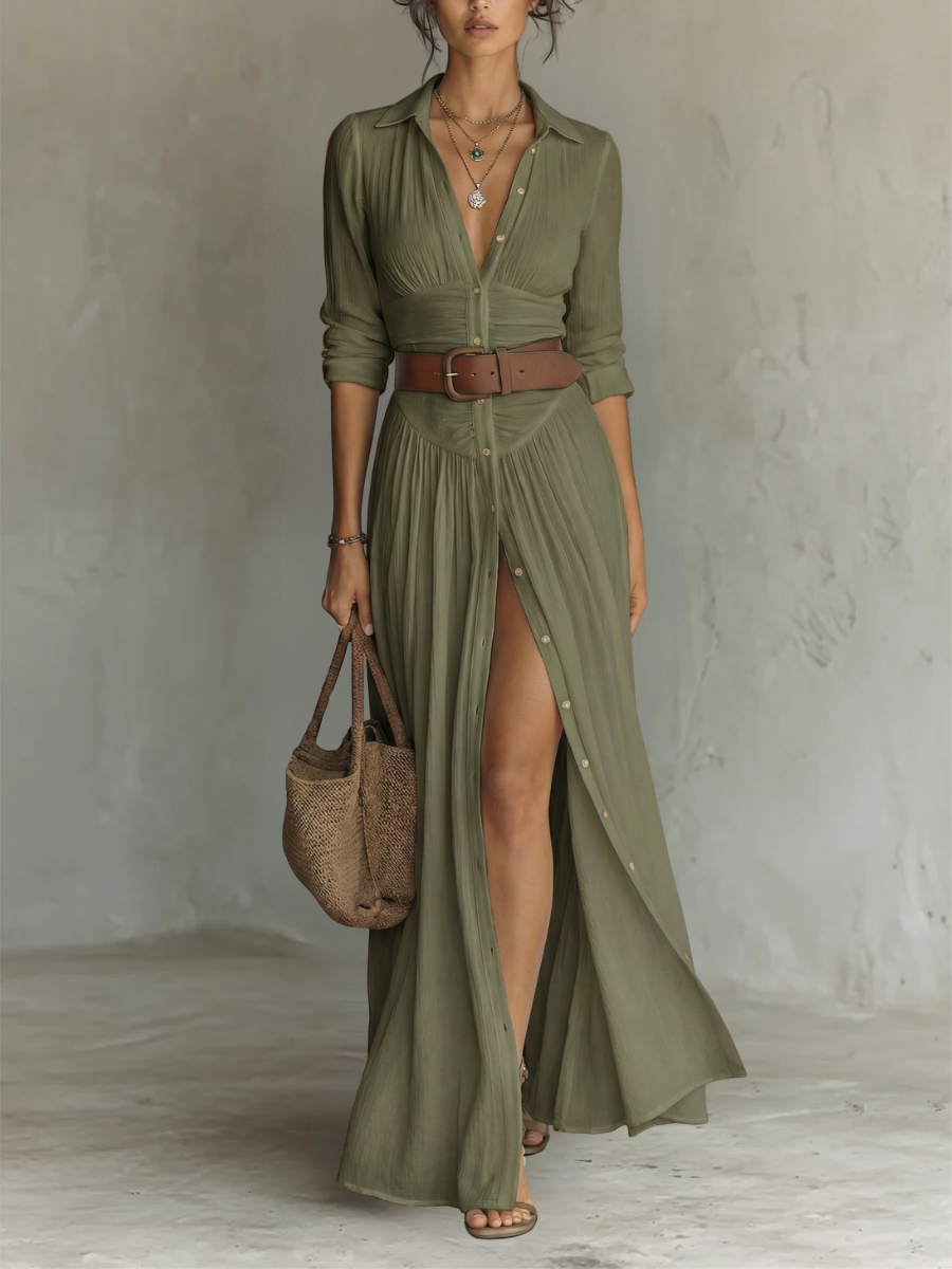 VESTIDO LARGO CON CUELLO DE SOLAPA Y MANGAS LARGAS DE LINO