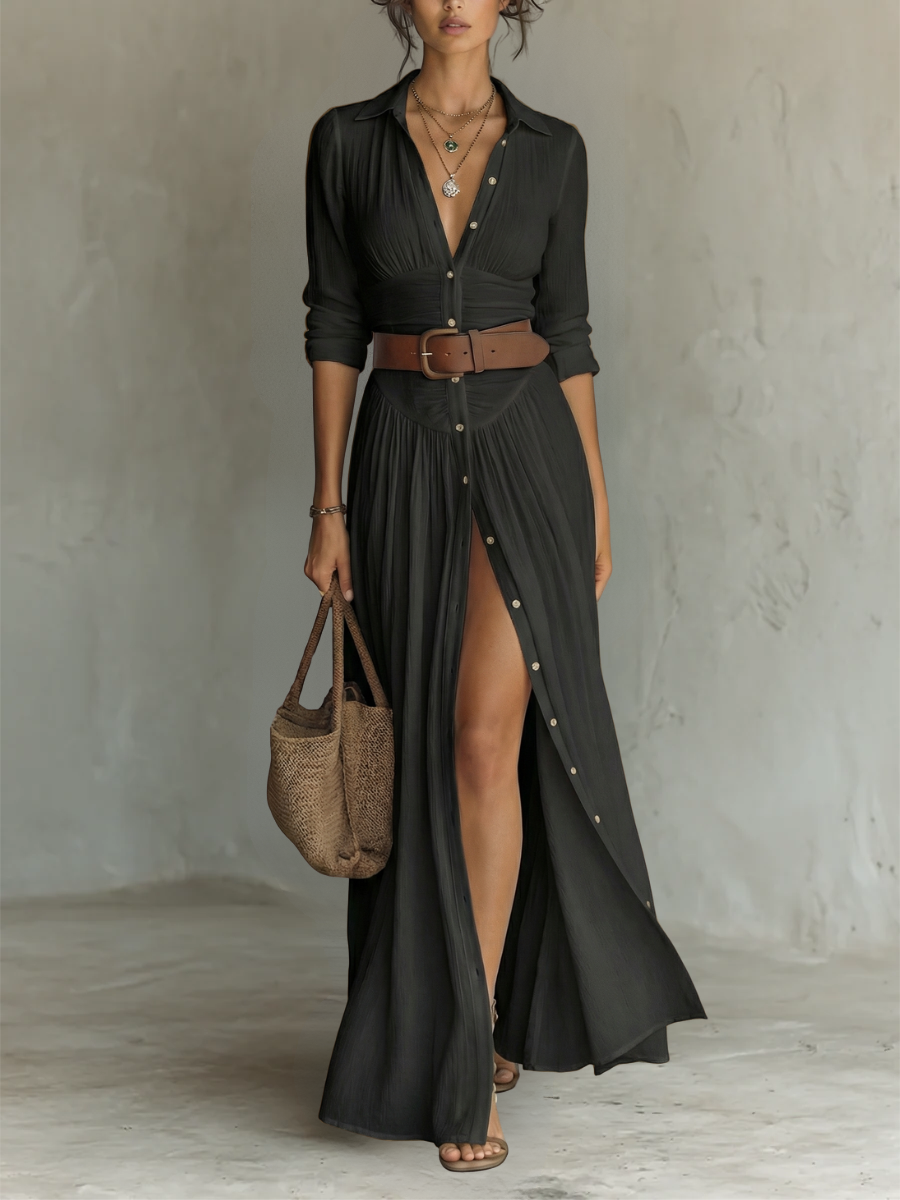 VESTIDO LARGO CON CUELLO DE SOLAPA Y MANGAS LARGAS DE LINO