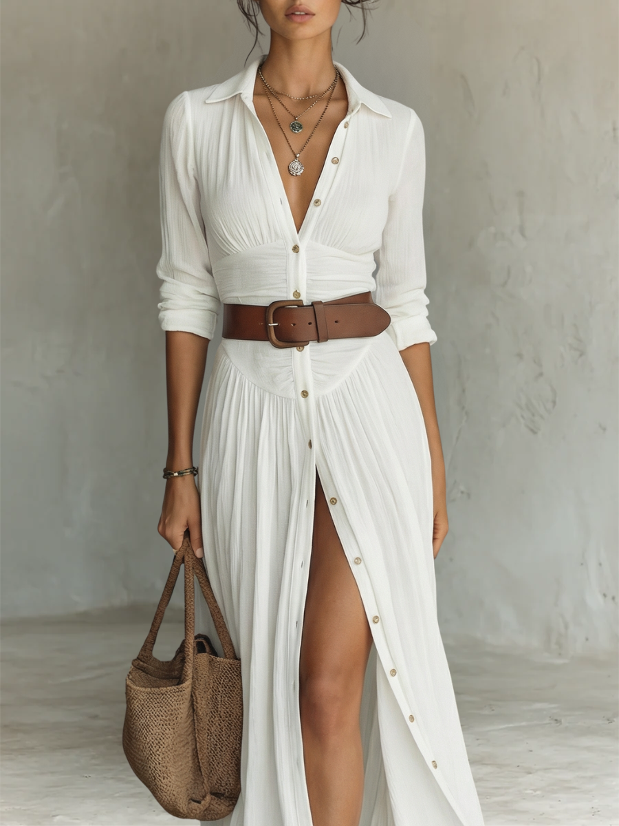 VESTIDO LARGO CON CUELLO DE SOLAPA Y MANGAS LARGAS DE LINO
