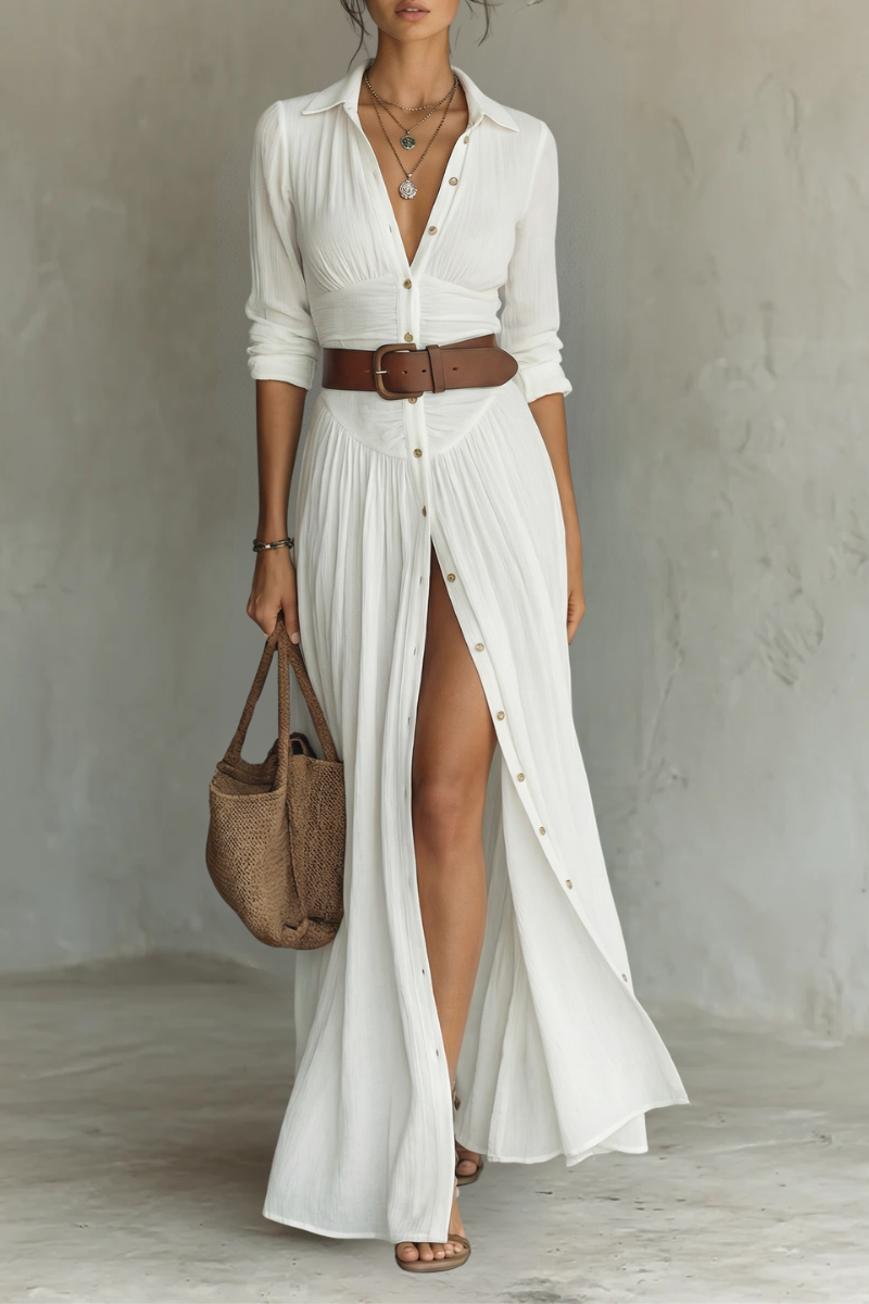 VESTIDO LARGO CON CUELLO DE SOLAPA Y MANGAS LARGAS DE LINO