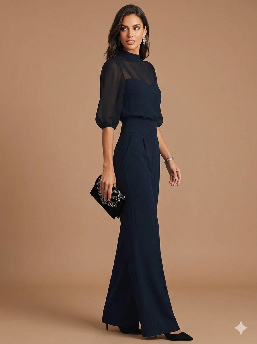 PARIS | Conjunto Negro Elegante con Mangas Abullonadas y Diseño de Pierna Ancha.