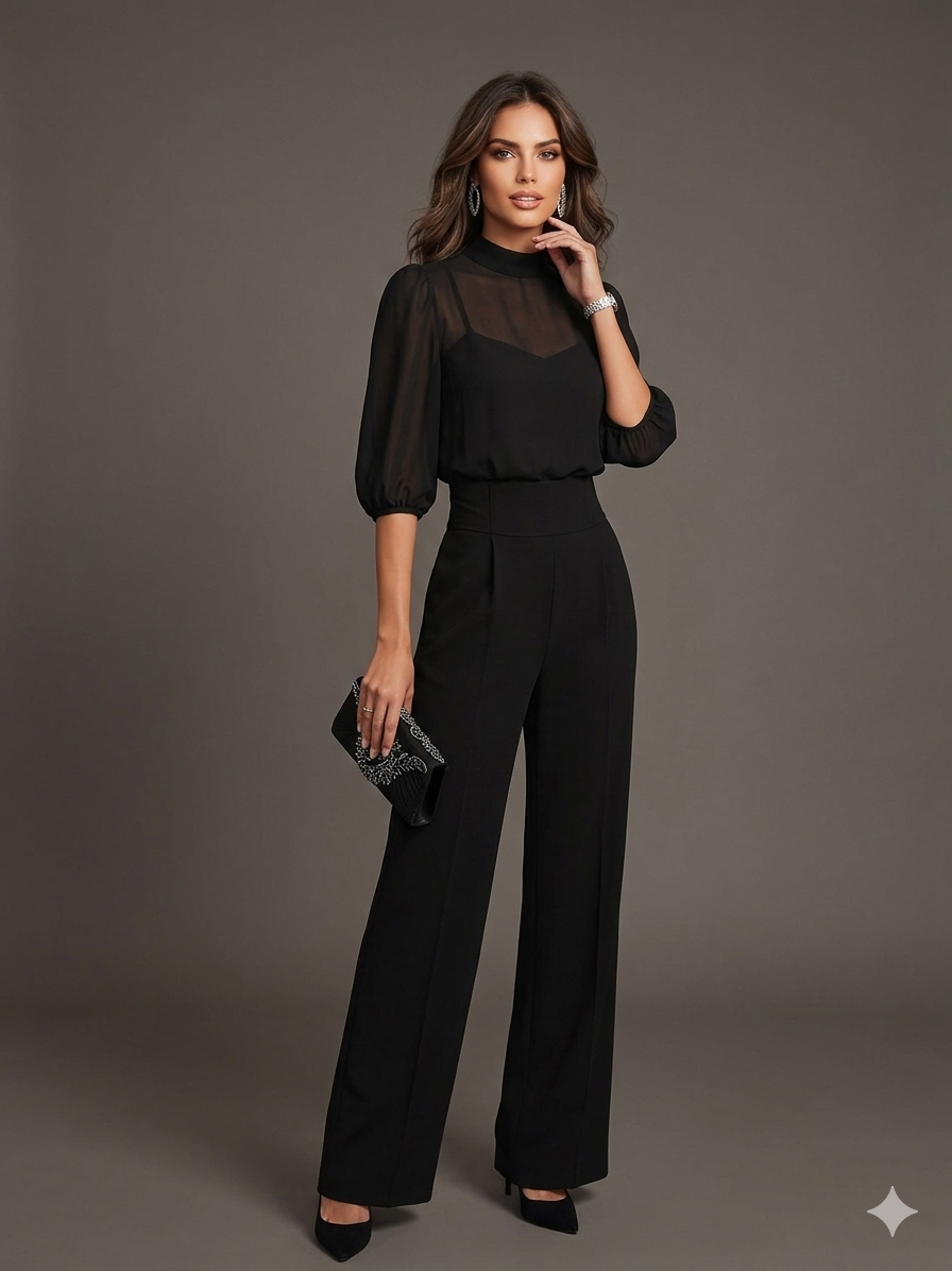 PARIS | Conjunto Negro Elegante con Mangas Abullonadas y Diseño de Pierna Ancha.