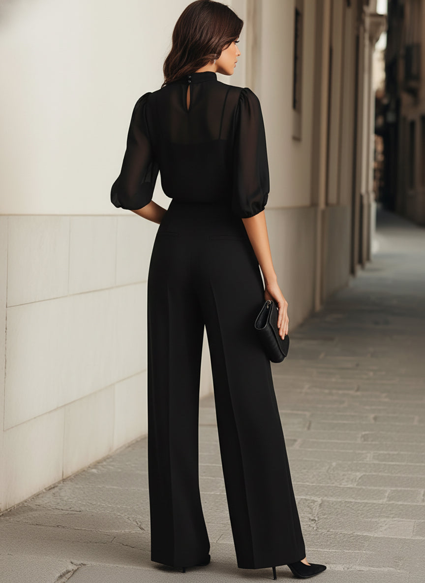 PARIS | Conjunto Negro Elegante con Mangas Abullonadas y Diseño de Pierna Ancha.