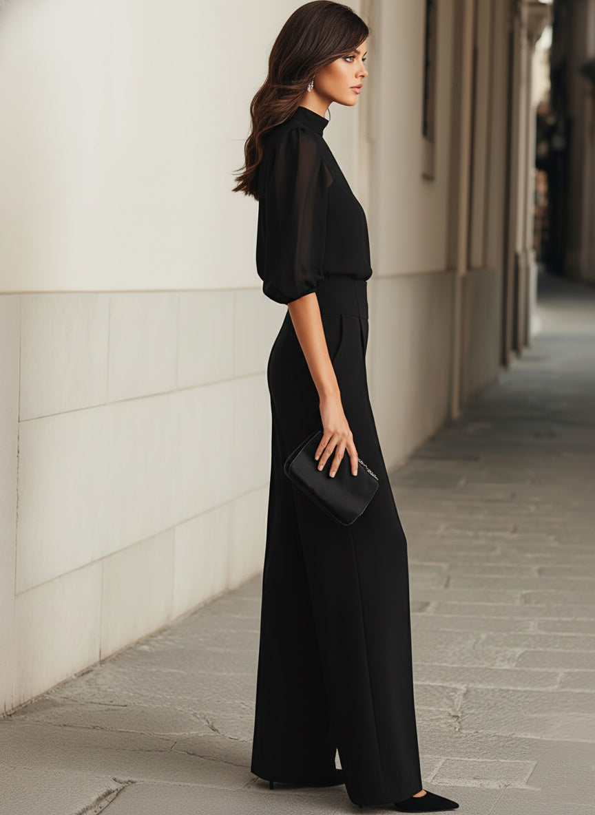 PARIS | Conjunto Negro Elegante con Mangas Abullonadas y Diseño de Pierna Ancha.