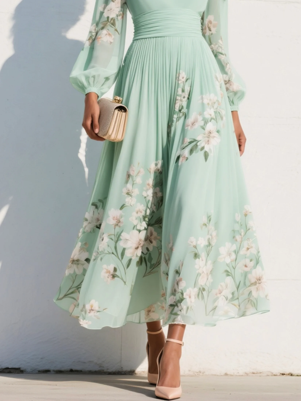 VESTIDO LARGO VERDE MENTA CON ESTAMPADO FLORAL