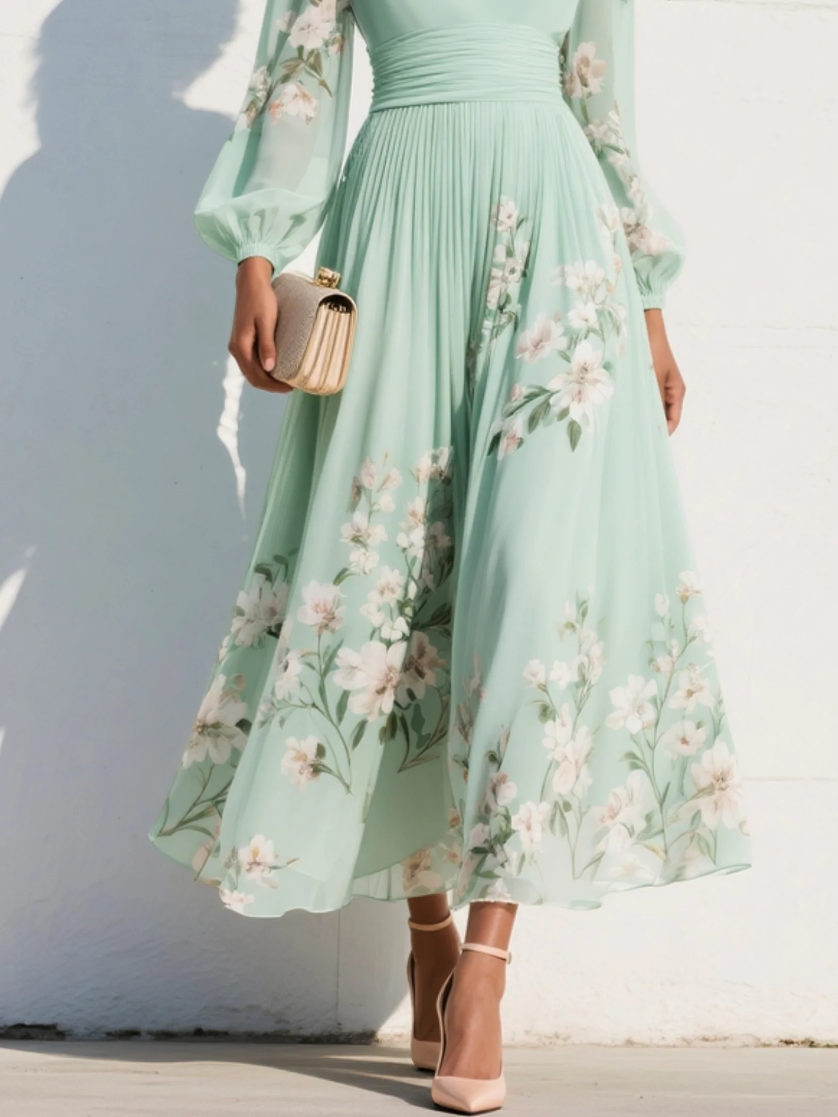 VESTIDO LARGO VERDE MENTA CON ESTAMPADO FLORAL