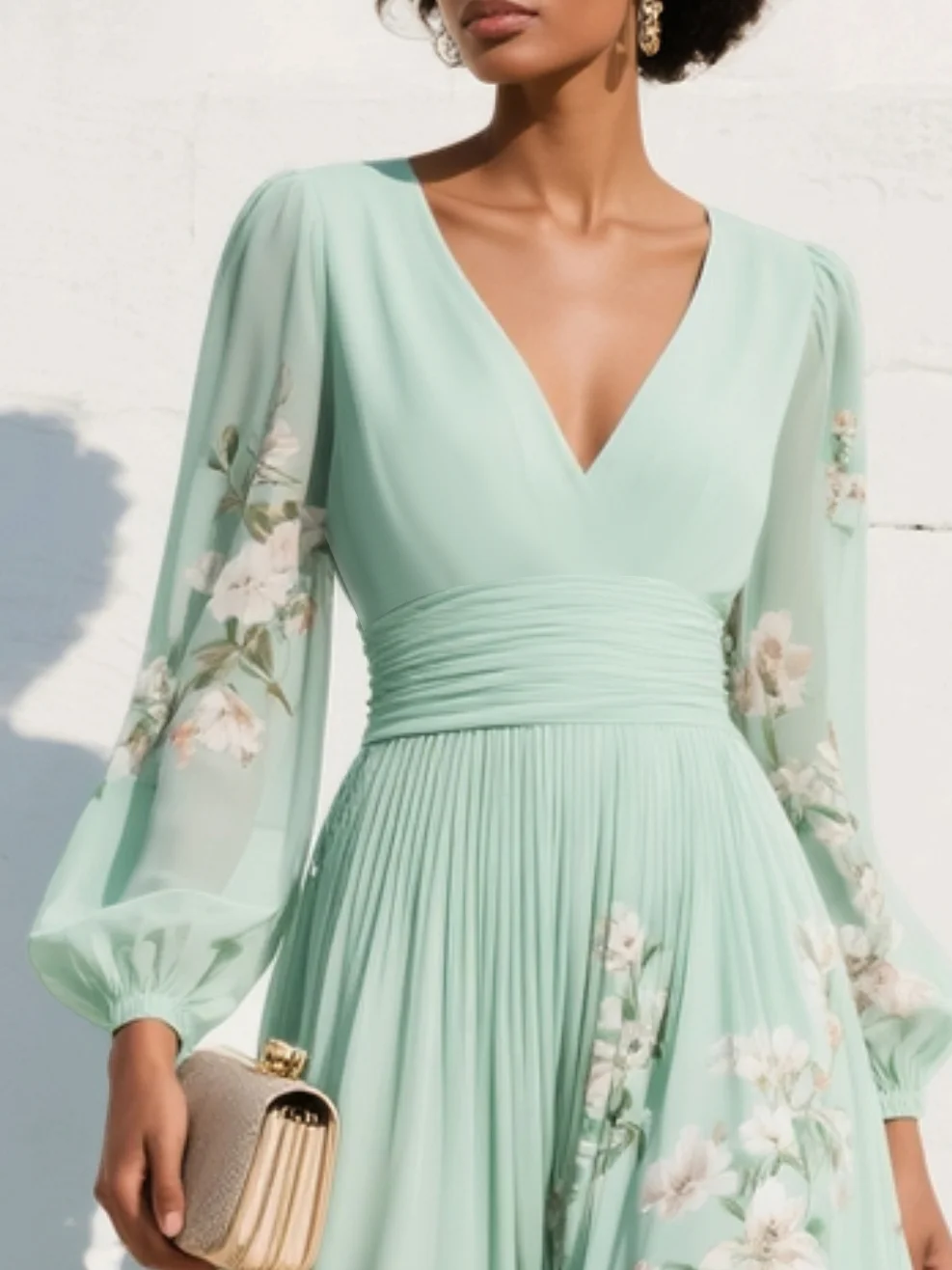 VESTIDO LARGO VERDE MENTA CON ESTAMPADO FLORAL