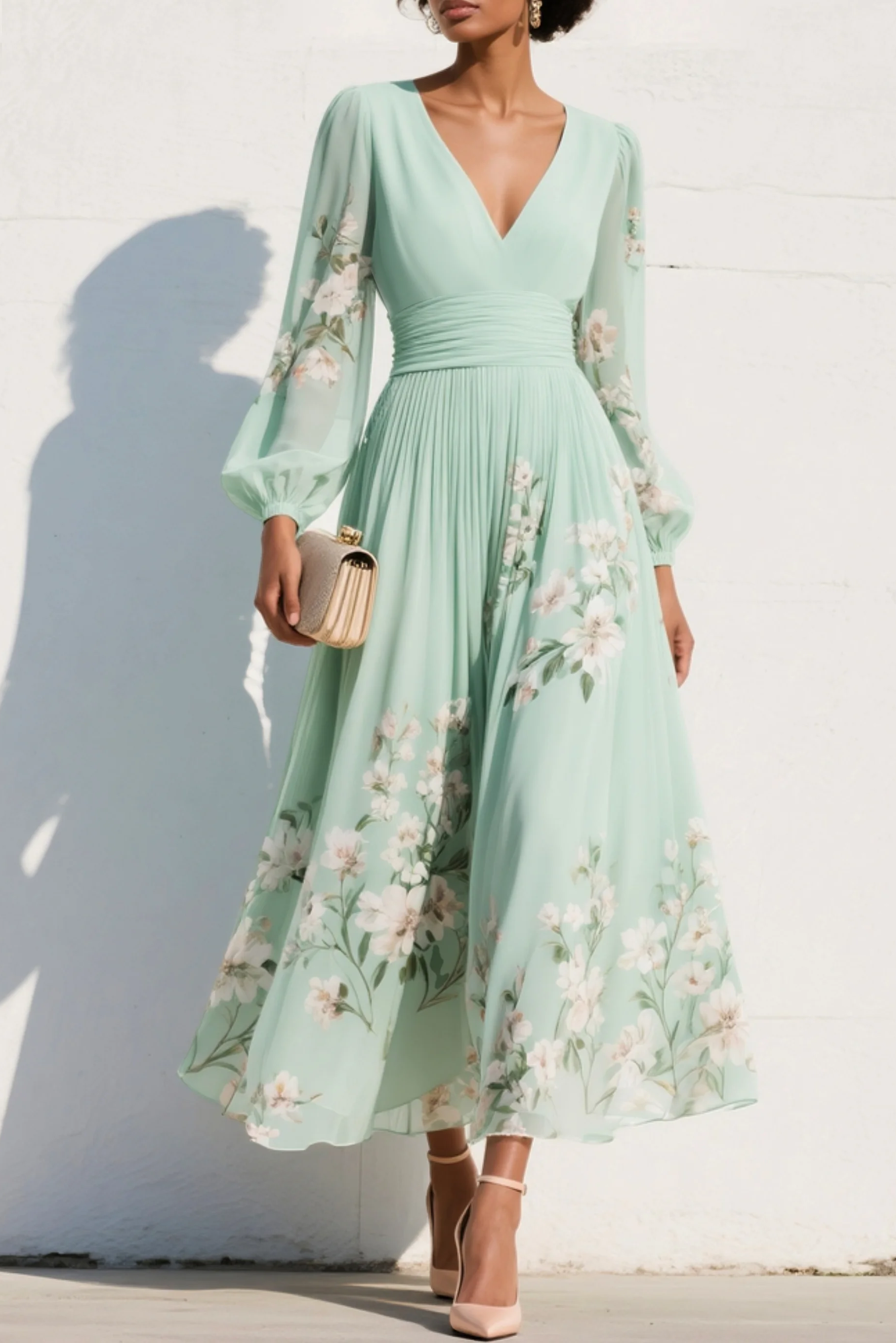 VESTIDO LARGO VERDE MENTA CON ESTAMPADO FLORAL