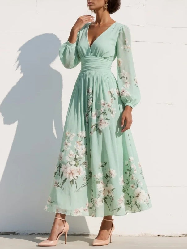 VESTIDO LARGO VERDE MENTA CON ESTAMPADO FLORAL