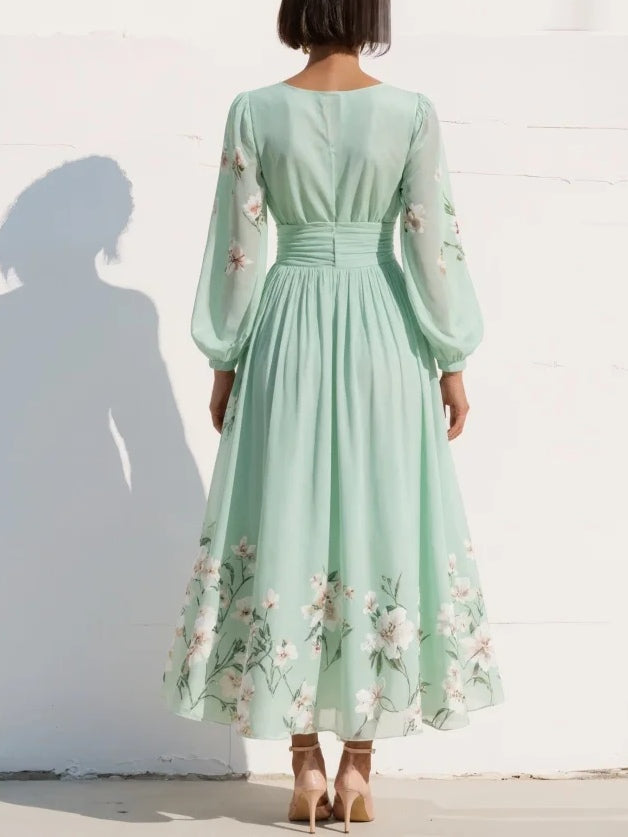 VESTIDO LARGO VERDE MENTA CON ESTAMPADO FLORAL
