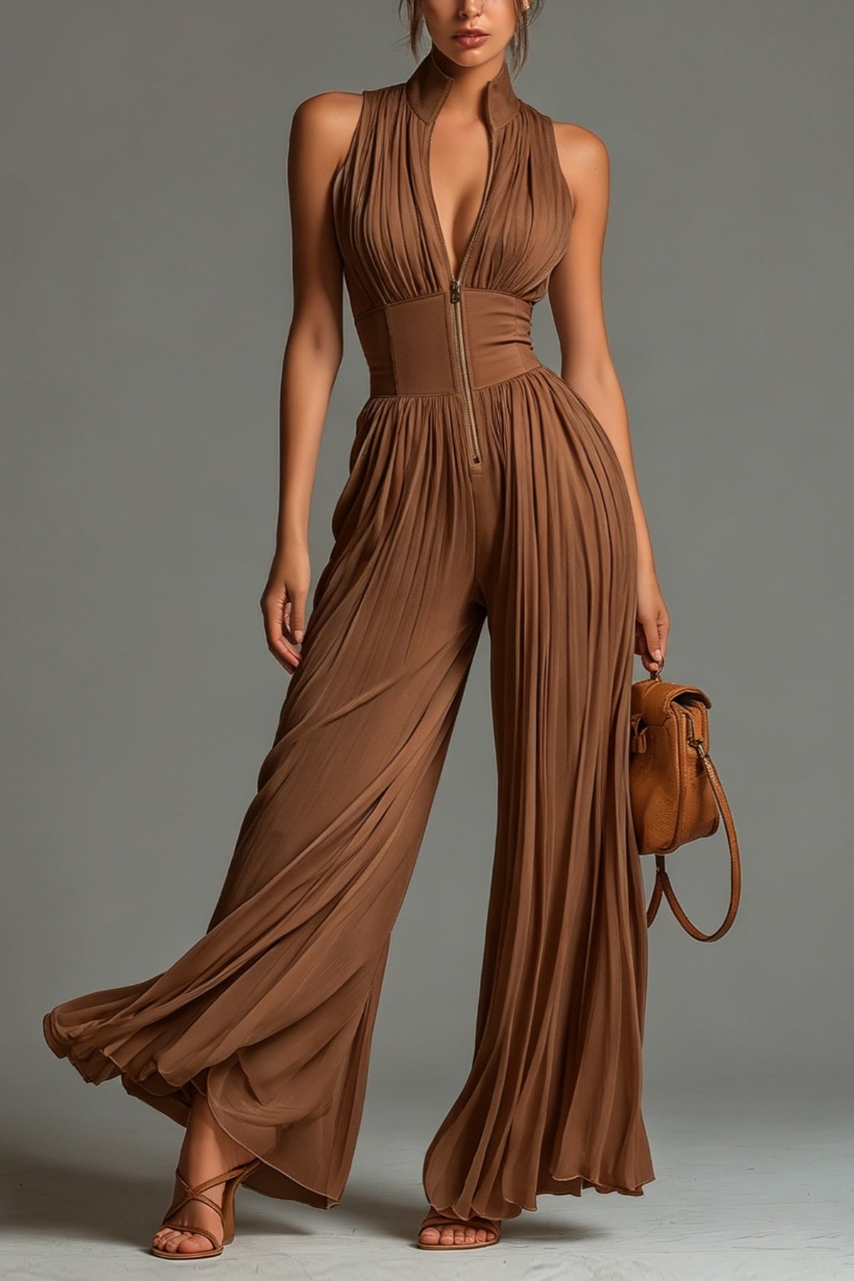 VALERIA | Jumpsuit Largo Plisado de Gala Marrón.