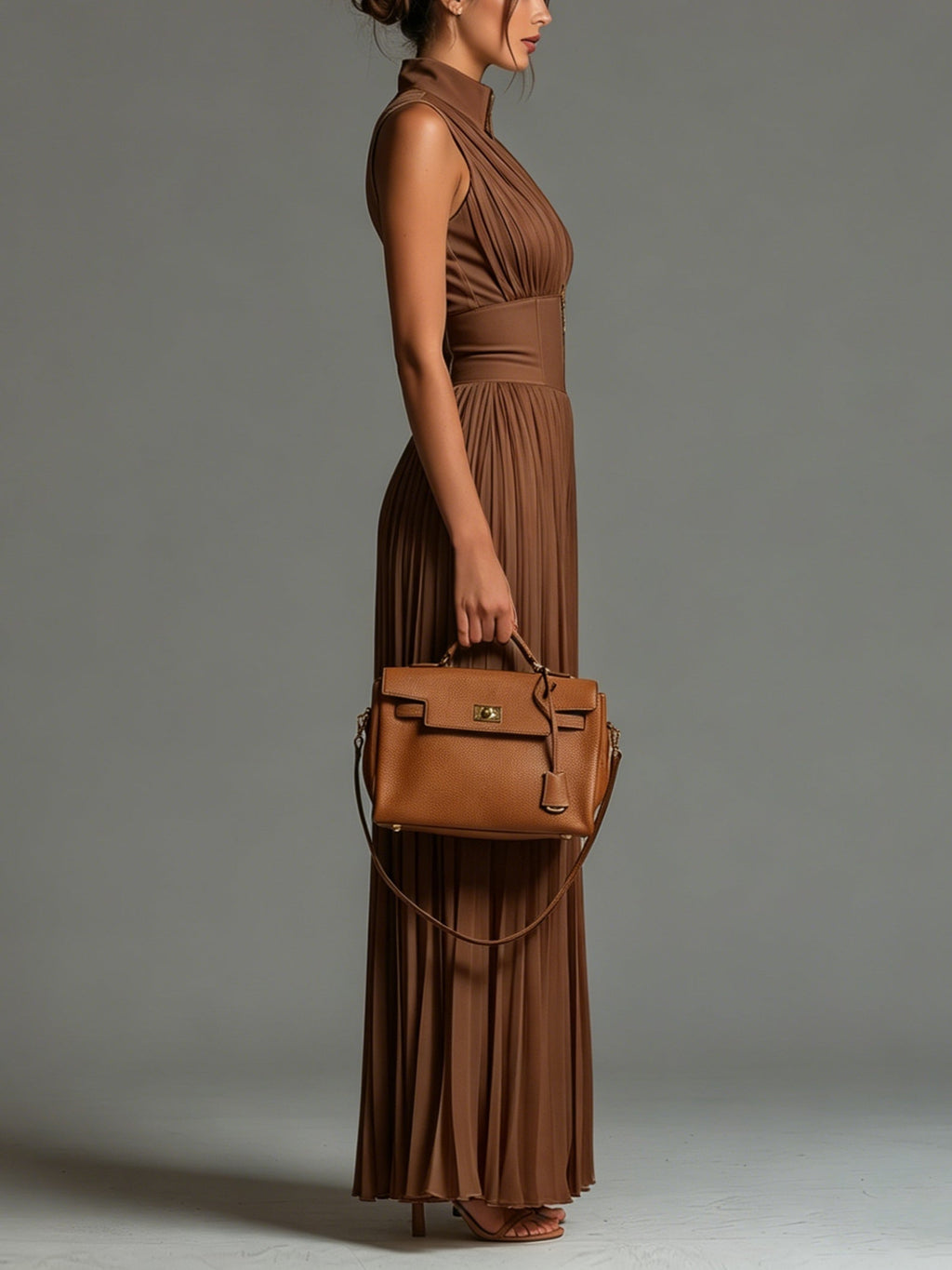 VALERIA | Jumpsuit Largo Plisado de Gala Marrón.