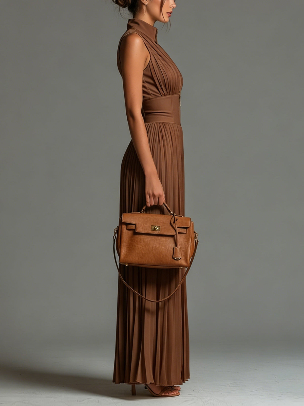 VALERIA | Jumpsuit Largo Plisado de Gala Marrón.