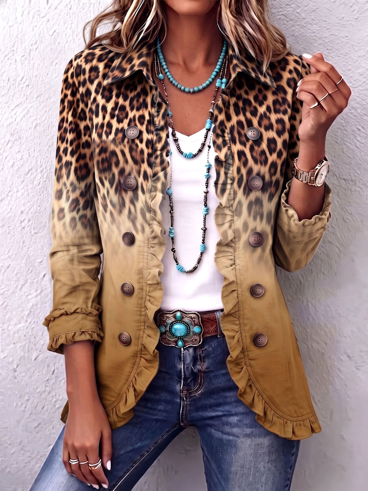 MERCEDES | CHAQUETA BLAZER LEOPARDO DEGRADADO CON VOLANTES