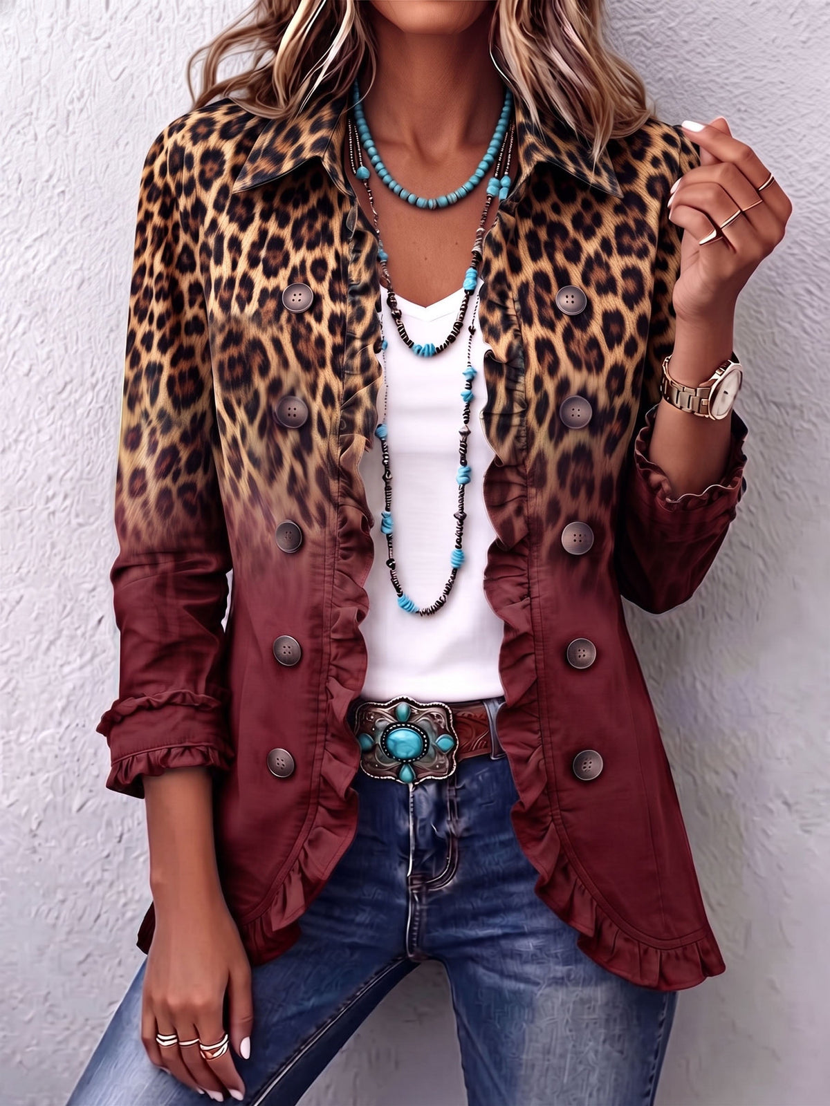 TOMASA | CHAQUETA BLAZER LEOPARDO VINO CON VOLANTES