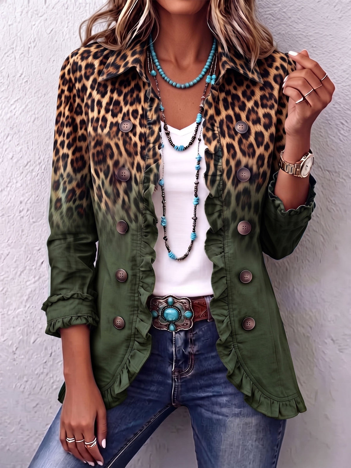 MERCEDES | CHAQUETA BLAZER LEOPARDO DEGRADADO CON VOLANTES